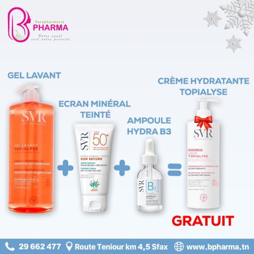 SVR Pack : Gel Lavant + APB3 + Écran Minéral Teinté + Crème Topialyse 400ml Offerte"