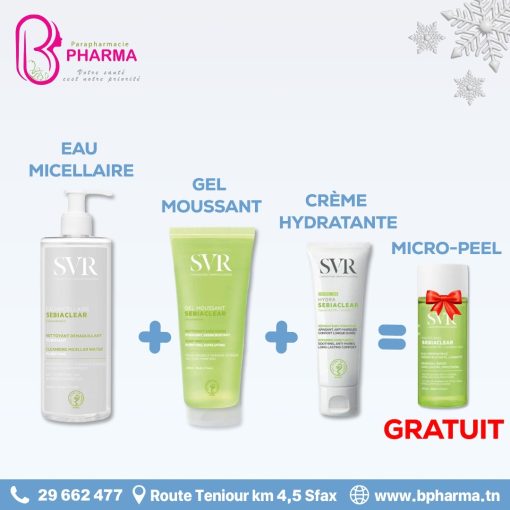 SVR Coffret Sebiaclear : eau micellaire + gel nettoyant + crème Hydra + micro-peel gratuit 