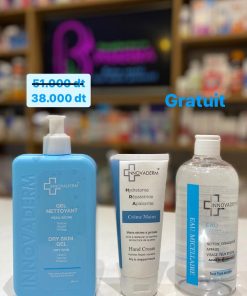 INNOVADERM COFFRET GEL NETTOYANT PEAU SECHE 380 ML + CREME A MAINS HYDRATANTE 100 ML + EAU MICELLAIRE OFFERT