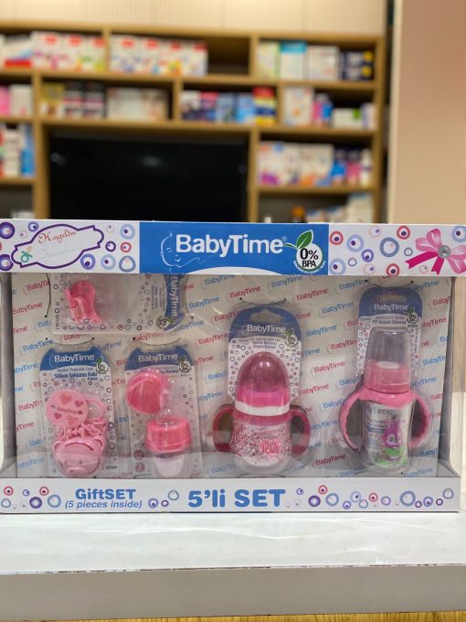 BABY TIME COFFRET BEBE 3 BIBERONS + SUCETTE + ATTACHE SUCETTE GIRL 