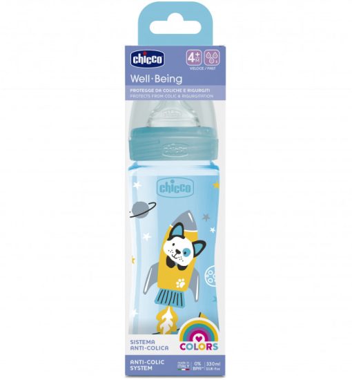 CHICCO BIBERON EN PLASTIQUE BLEU 4 MOIS + 330 ML