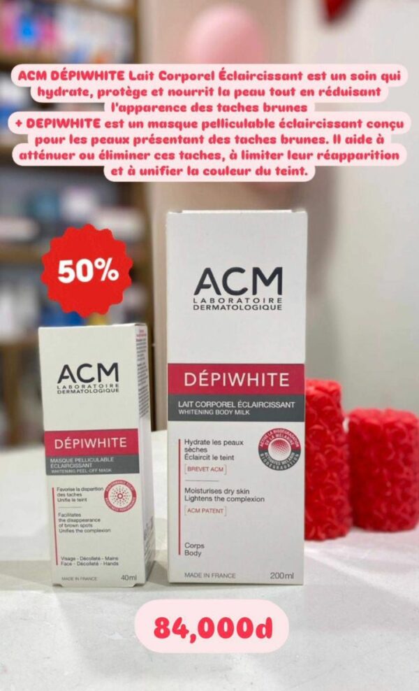 PACK :ACM DEPIWHITE LAIT CORPOREL 200 ML+ ACM DEPIWHITE MASQUE PELLICULABLE ECLAIRCISSANT 40ML