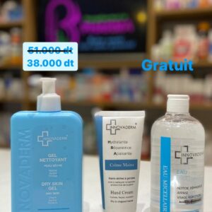 INNOVADERM COFFRET GEL NETTOYANT PEAU SECHE 380 ML + CREME A MAINS HYDRATANTE 100 ML + EAU MICELLAIRE OFFERT