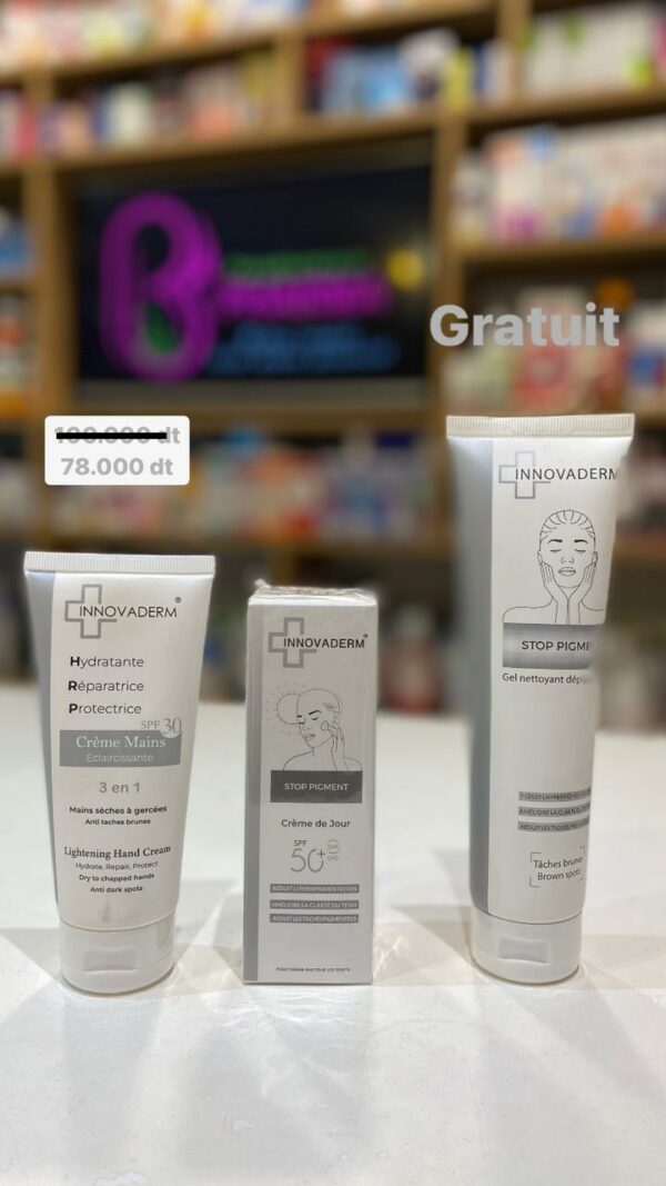 INNOVADERM COFFRET CREME DE NUIT 50ML + CREME MAINS ECLAIRCISSANTE 100ML+ GEL STOP PIGMENT 150ML OFFERT
