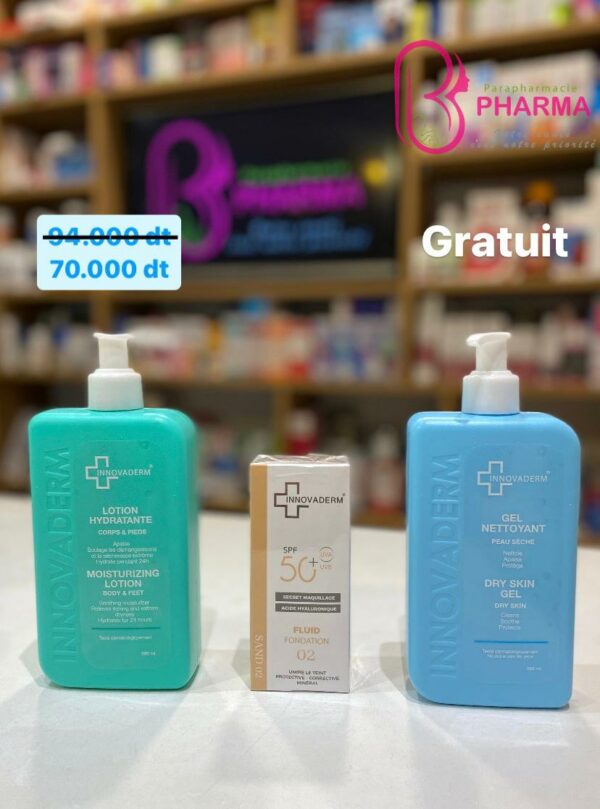 INNOVADERM COFFRET LOTION HYDRATANTE 400 ML + ÉCRAN TEINTÉ 30 ML + GEL NETTOYANT PEAUX SECHE  380 ML OFFERT