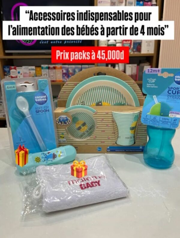 Pack Canpol Babies – Set de table 3 pièces + Sport cup avec paille en silicone + Cuillère et porte-cuillère + Serviette gratuite