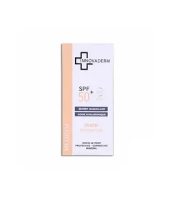 Fond de teint fluide Innovaderm SPF50+, teinte 01. Unifie, hydrate et protège la peau des UV.