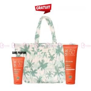 Pack solaire SVR : Blur visage SPF50+ sans parfum + Lait hydratant corps SPF50+ + sac de plage offert. Haute protection, peaux sensibles.