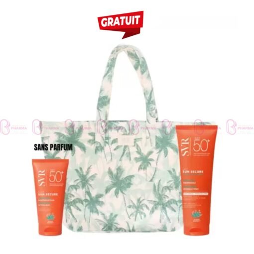 Pack solaire SVR : Blur visage SPF50+ sans parfum + Lait hydratant corps SPF50+ + sac de plage offert. Haute protection, peaux sensibles.