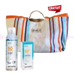 Pack SENSILIS solaire avec Spray Toucher Sec SPF50+, Fluide teinté SPF50+, fouta et sac de plage offert