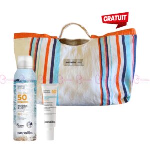 Pack solaire Sensilis avec Spray toucher sec SPF50+, Fluide teinté Photocorrection HA SPF50+, sac et fouta offerts