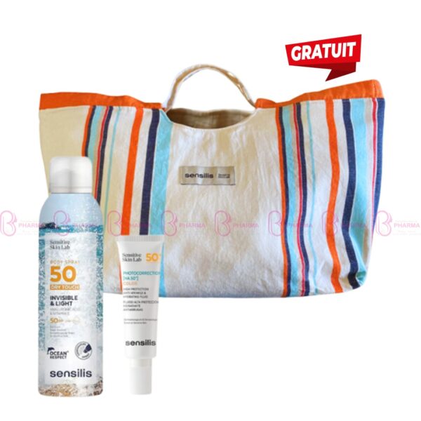 Pack solaire Sensilis avec Spray toucher sec SPF50+, Fluide teinté Photocorrection HA SPF50+, sac et fouta offerts