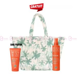 Pack solaire SVR avec Blur visage sans parfum SPF50+, Spray hydratant SPF50+ et sac de plage offert